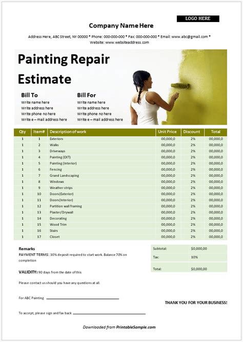 21 Free Sample Painting Estimate Templates - Printable Samples