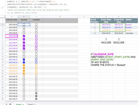 google sheets formula - Find for each calendar date if it is included ...