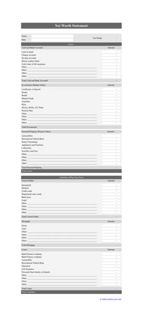 Net Worth Statement Template Download Printable PDF | Templateroller