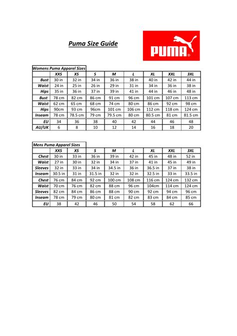 Apparel Size Guide - Puma Download Printable PDF | Templateroller