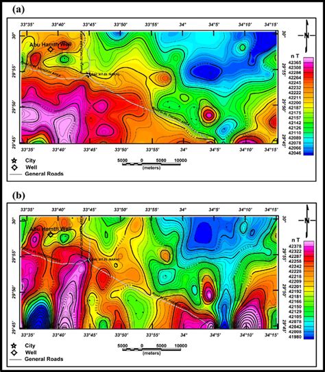 (a) Total magnetic intensity map; (b) Total magnetic intensity map ...