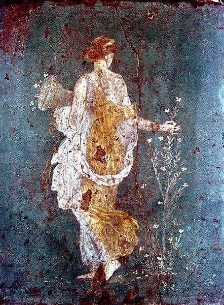 Roman fresco showing Flora – goddess of spring and fertility – collecting flowers to the basket ...