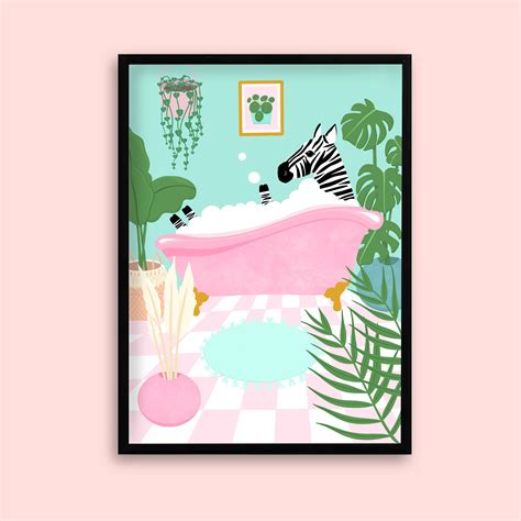 Pink Bath Zebra Print / Bathroom Print / Plants / Illustration | Etsy