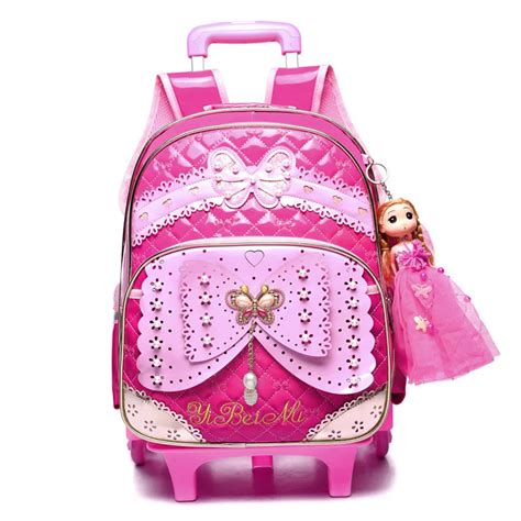 Children School Bags Cute PU Backpacks 2/6 Wheels Trolley Luggage For ...