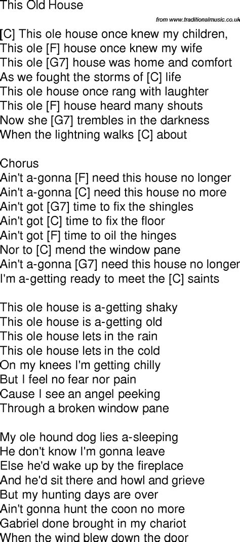 Old time song lyrics with guitar chords for This Old House C