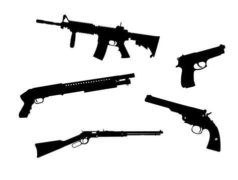 Set of Guns Weapons Silhouettes, firearm Pistols Black and white Illustrations. 9432435 Vector ...