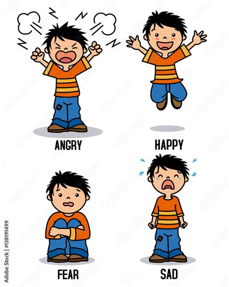 Boy emoticon showing different emotions. Happy, angry, sad and scared Stock Vector | Adobe Stock