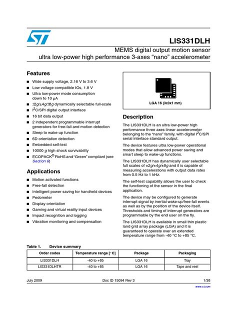 LIS331DLH Accelerometer Datasheet | Sensor | Accelerometer