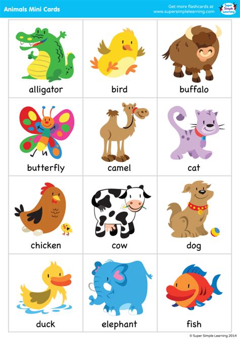 Super Simple Songs - Animals - Mini Cards - Super Simple | English activities for kids, Animal ...