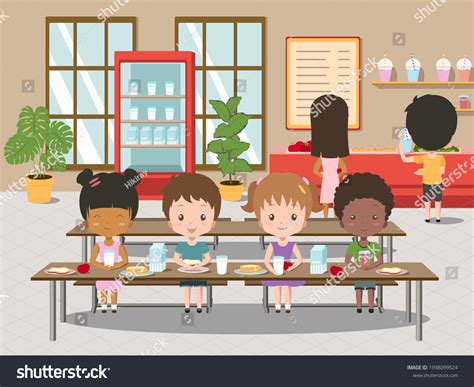 Les enfants mangent à la cantine : image vectorielle de stock (libre de ...