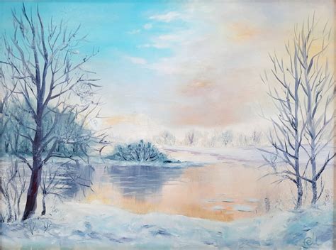 Winter lake Oil Original painting Wall art Home decor Winter | Etsy