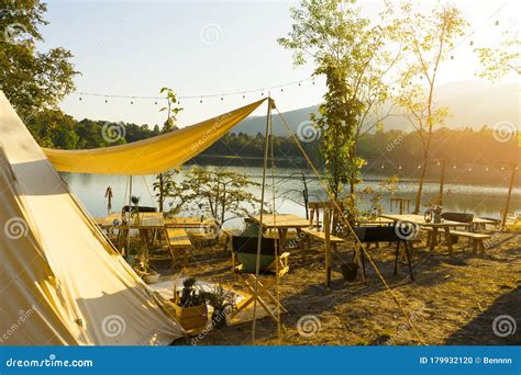 Camping Tent and Picnic Table in the Mountains. Stock Photo - Image of peaceful, picnic: 179932120