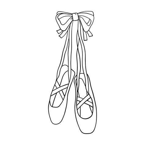 Ballerina pointe shoes hanging on bow. Outline black and white vector ...