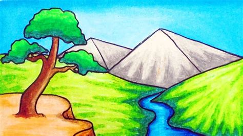 How to Draw Easy Scenery | Drawing River and Mountain Scenery Step by Step with Oil Pastels ...