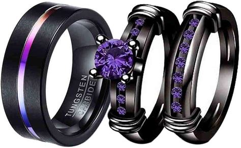 mensring Couple Rings Black Plated Round Purple Cz 2pc Womens Wedding Ring Sets 8mm Tungsten ...