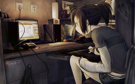 HD wallpaper: anime character sit on chair in front of computer, digital art | Wallpaper Flare