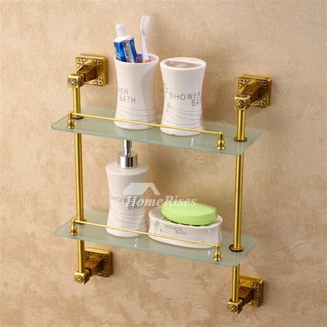 Luxury Carved Wall Mounted Gold Brass Double Glass Bathroom Shelves