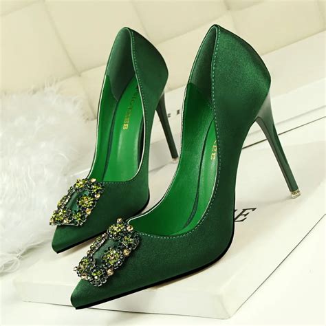 High Heel Shoes Women Slingback Shoes Ladies Silk Women Pumps High Heels Green Jewelry Pumps ...