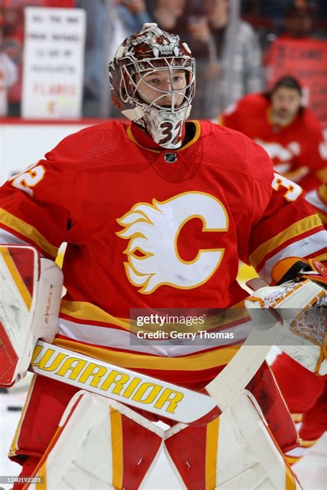 Dustin Wolf of the Calgary Flames skates in warm-up prior to the game ...