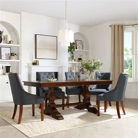 Cavendish Dark Wood Extending Dining Table with 6 Duke Slate Fabric Chairs | Furniture Choice