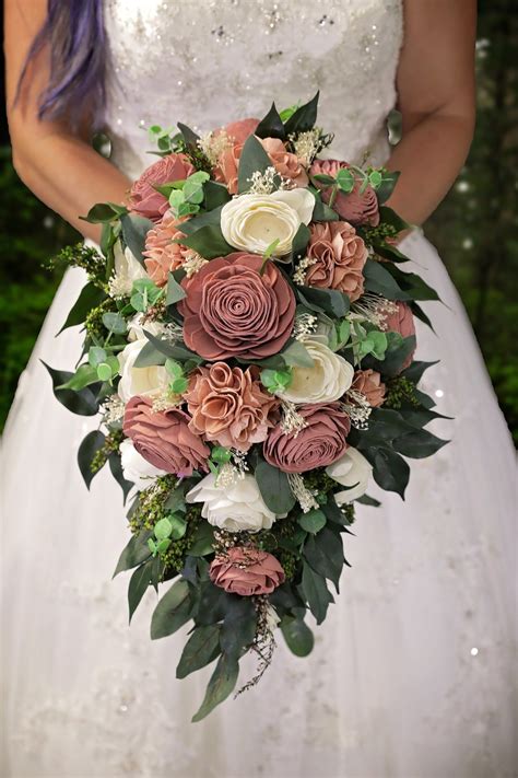 Stunning Wood Flower bridal cascade bouquet | Rose gold bouquet, Cascading wedding bouquets ...