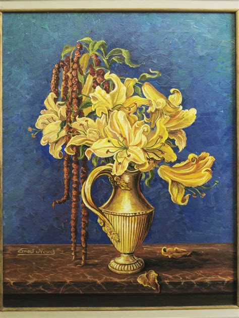 Vintage Floral Still Life Painting Flower Wall Art Yellow Lilies Framed Original Home Decor