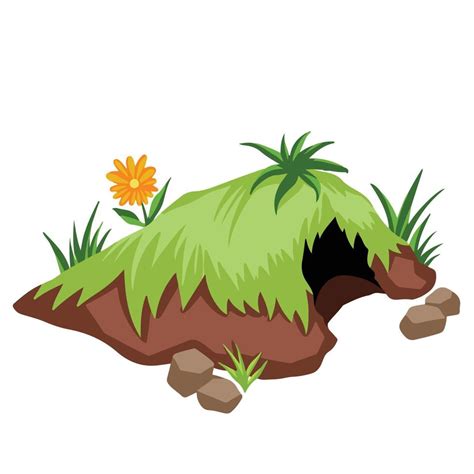 Small animal Burrow with grasses and yellow flower vector illustration isolated on plain white ...