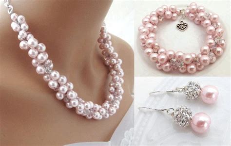 Chunky Pink Pearl Bridal Jewelry Set, Crystal Pearl Necklace, Bracelet And Earrings Set, Pearl ...