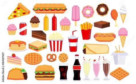 Set Of Cartoon Junk Food Isolated On White Background Stock Vector ...