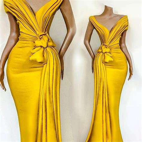 2020 Stunning Yellow Evening Dresses Pleats Knoted Mermaid Off The Shoulder Formal Party ...