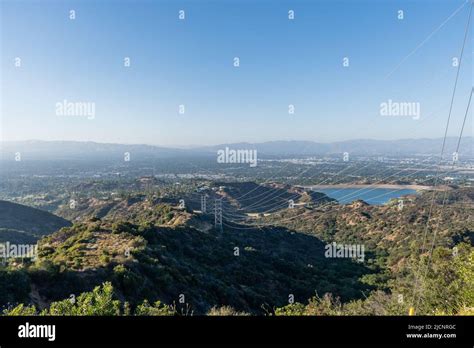 Scenic aerial view of the Encino Reservoir and San Fernando Valley, Los ...