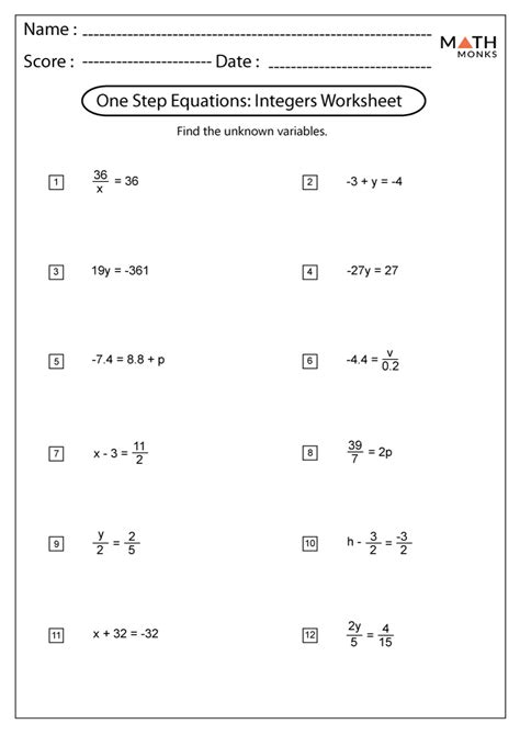 Free One Step Equation Worksheets