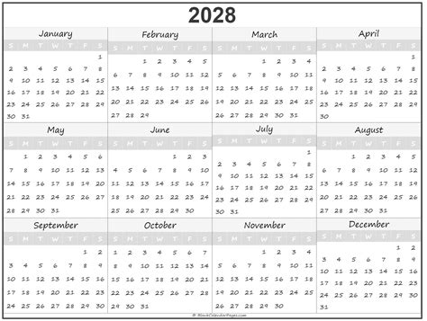 2028 year calendar | yearly printable