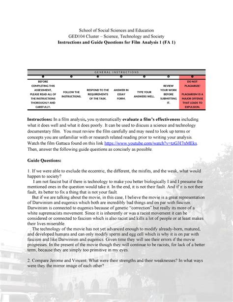Film Analysis 1 (FA 1) - Gattaca Movie - School of Social Sciences and ...