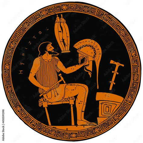 The ancient Greek god Hephaestus sits on a chair and creates a helmet for a warrior. Drawing on ...