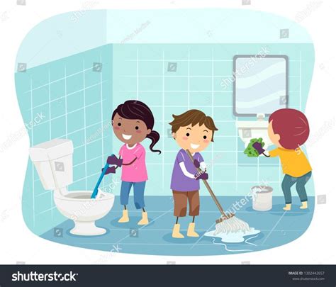 Illustration of Stickman Kids Cleaning the Bathroom from Toilet Bowl, Floor and Sink #Ad , # ...