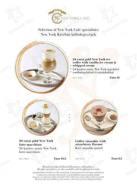 Menu at New York Café restaurant, Budapest, Erzsébet krt. 9-11