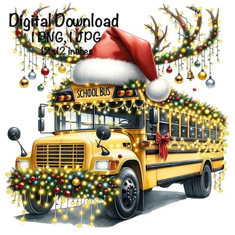 a yellow school bus with a santa hat on it's top and christmas decorations