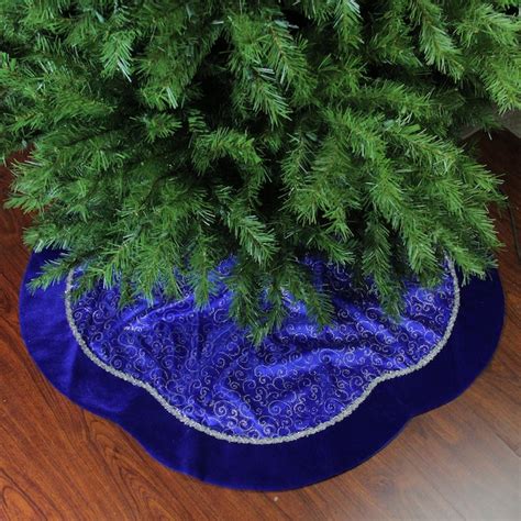 Northlight 48-Inch Blue Christmas Tree Skirt with Silver Glitter Swirls and Velveteen Border in ...