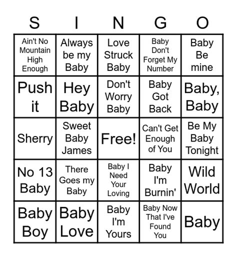 Songs with the Word Baby in Them Bingo Card