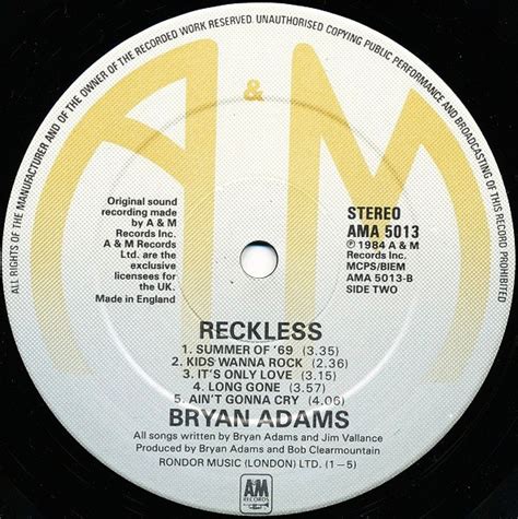 Bryan Adams – Reckless (Vinyl LP - UK Pressing) - Record Cellar Canada