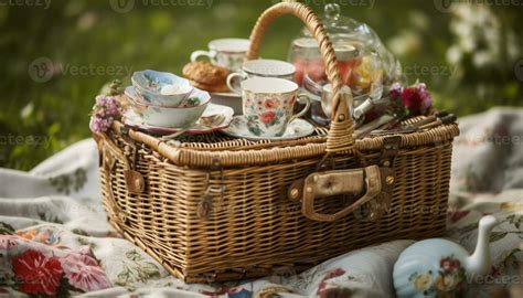 Summer picnic on grass, wicker basket full generated by AI 24654130 ...