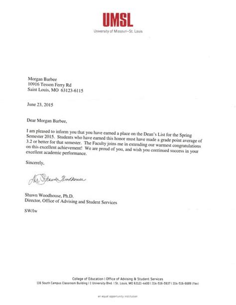 Deans List Letter