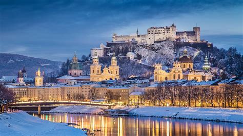 architecture, Castle, Ancient, Tower, Austria, Salzburg, Winter, Snow, River, Trees, Hills ...