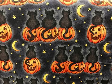 Black cat sitting on pumpkin Halloween fabric, cat fabric, pumpkin fabric, Halloween night from ...