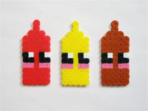 Kawaii Food Condiments Ketchup Mustard BBQ Sauce Perler Bead Magnets Keychains Pins Bobby Pins ...