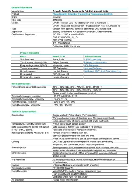 Photo Stability Chamber with Temperature and Humidity Control manufacturers | PDF