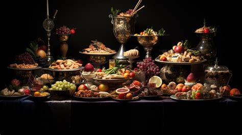 A buffet of food on plates with different in the style of black background | Premium AI ...