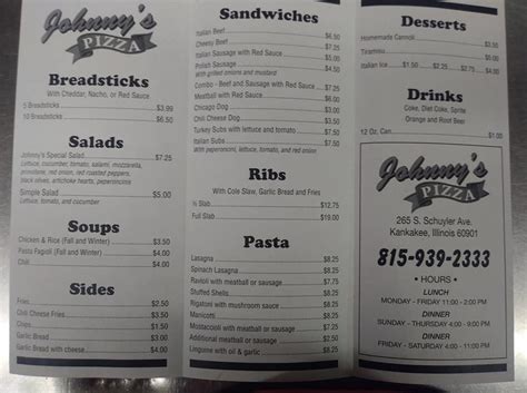 Menu at Johnny's Pizza pizzeria, Kankakee