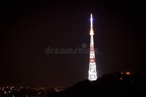 View on Electric Tower in Night City. Stock Photo - Image of background, modern: 145763420